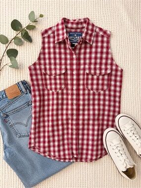Vintage AT LAST Sleeveless Plaid Button Front Shirt – Red & White Cotton Top